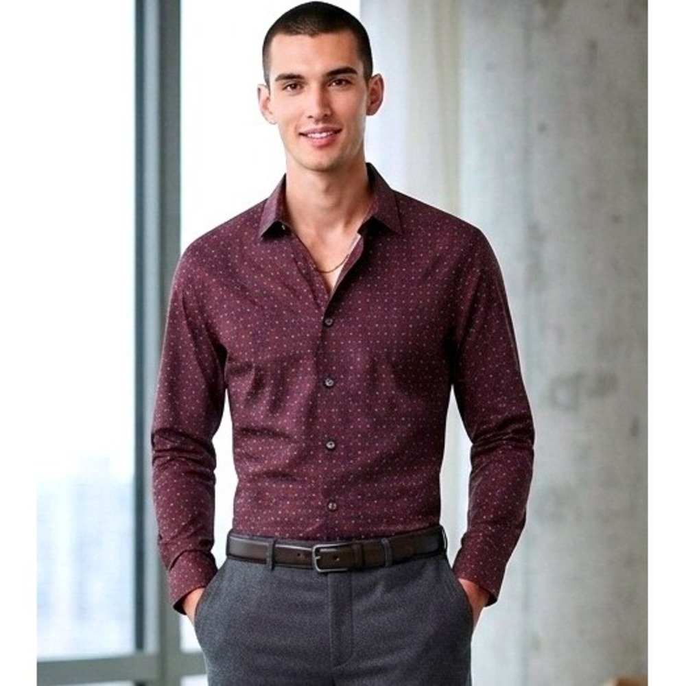 J. Ferrar Button Down Mens L 16-16.5 Burgundy Excellent Slim Fit Stretch Pattern